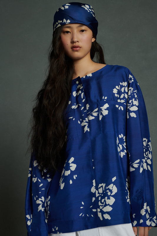Chemise Tunisie - Bleu/Écru - Soie - Femme